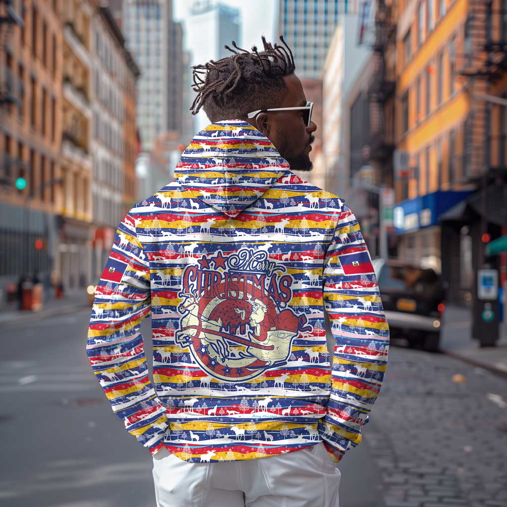 Haiti Christmas Hoodie Blue Red Yellow Xmas Santa Sleigh and Coat of Arms - African Pride