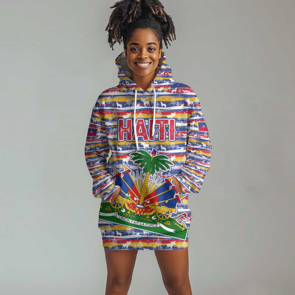 Haiti Christmas Hoodie Dress Blue Red Yellow Xmas Santa Sleigh and Coat of Arms - African Pride