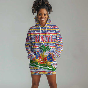 Haiti Christmas Hoodie Dress Blue Red Yellow Xmas Santa Sleigh and Coat of Arms - African Pride