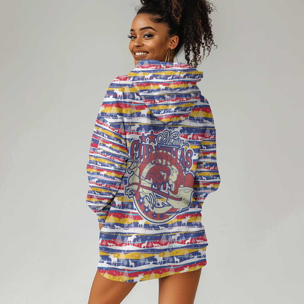 Haiti Christmas Hoodie Dress Blue Red Yellow Xmas Santa Sleigh and Coat of Arms - African Pride