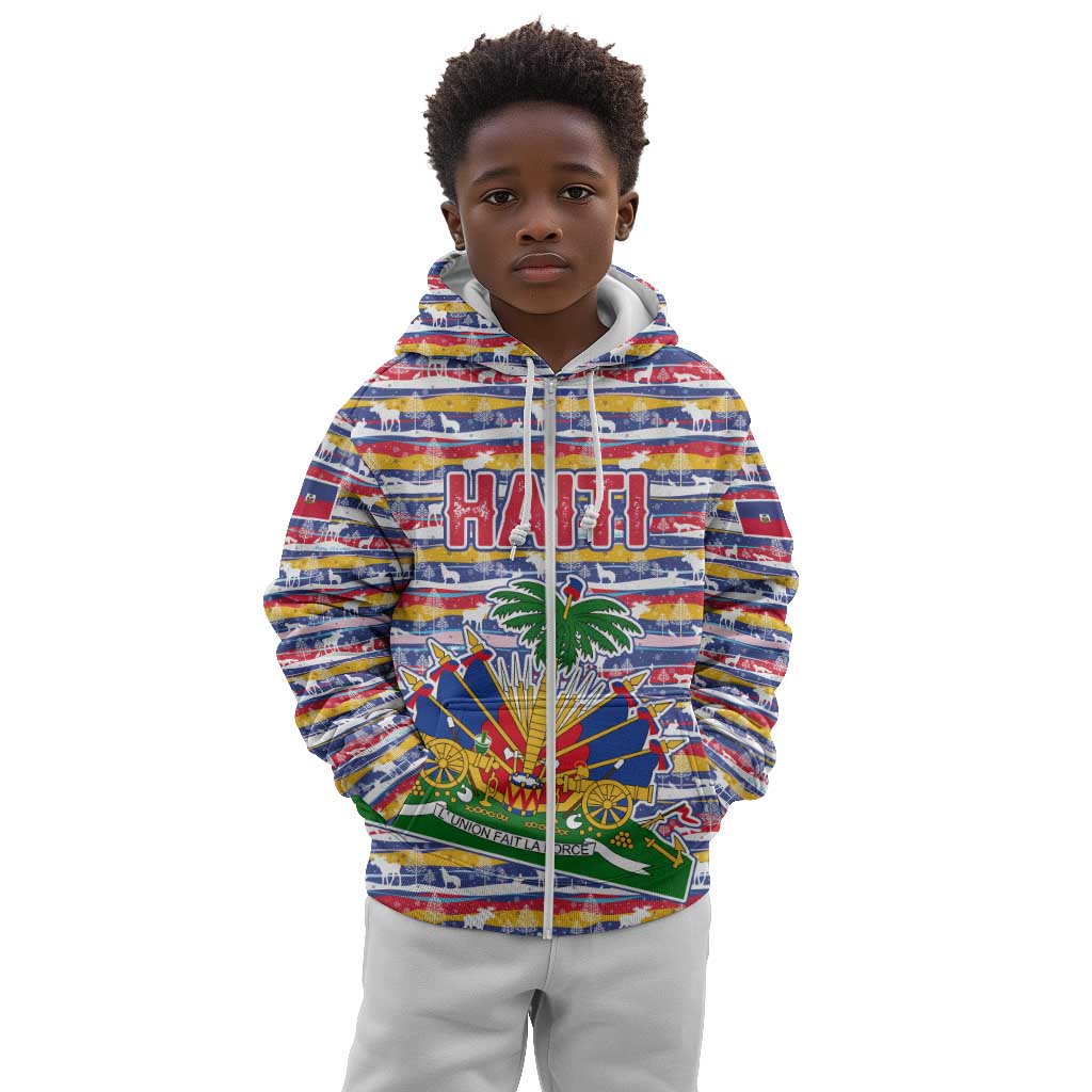 Haiti Christmas Kid Hoodie Blue Red Yellow Xmas Santa Sleigh and Coat of Arms - African Pride