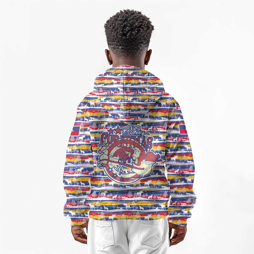 Haiti Christmas Kid Hoodie Blue Red Yellow Xmas Santa Sleigh and Coat of Arms - African Pride