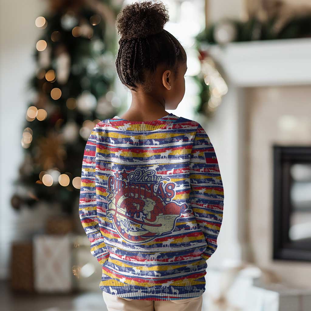 Haiti Christmas Kid Ugly Christmas Sweater Blue Red Yellow Xmas Santa Sleigh and Coat of Arms - African Pride