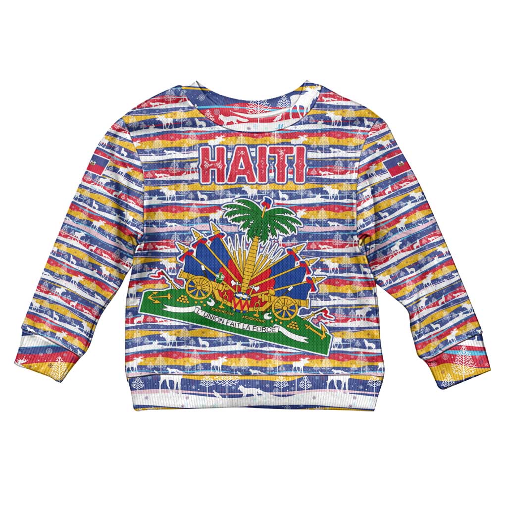 Haiti Christmas Kid Ugly Christmas Sweater Blue Red Yellow Xmas Santa Sleigh and Coat of Arms - African Pride