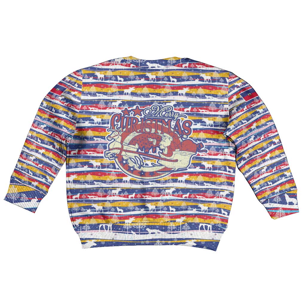 Haiti Christmas Kid Ugly Christmas Sweater Blue Red Yellow Xmas Santa Sleigh and Coat of Arms - African Pride