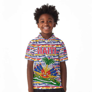 Haiti Christmas Kid Polo Shirt Blue Red Yellow Xmas Santa Sleigh and Coat of Arms - African Pride