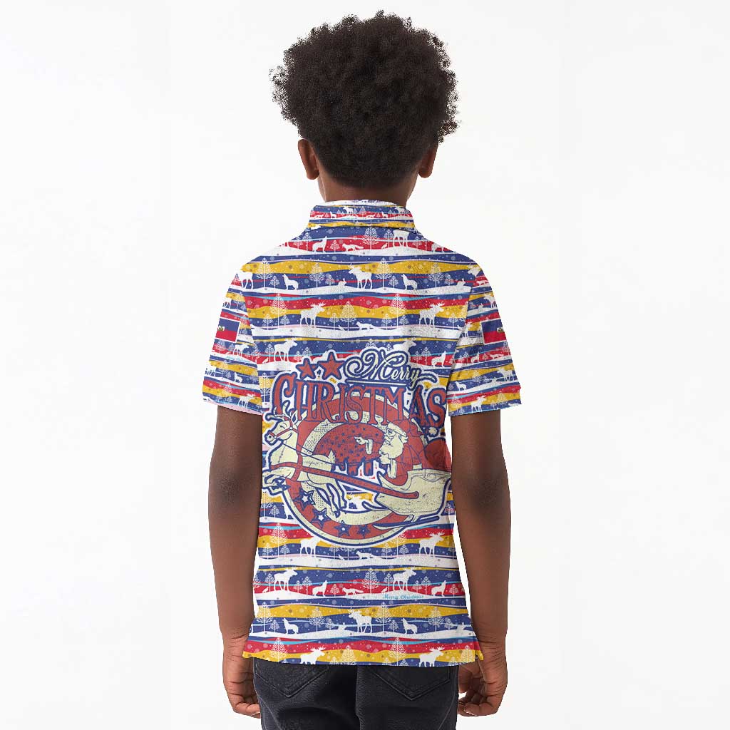 Haiti Christmas Kid Polo Shirt Blue Red Yellow Xmas Santa Sleigh and Coat of Arms - African Pride