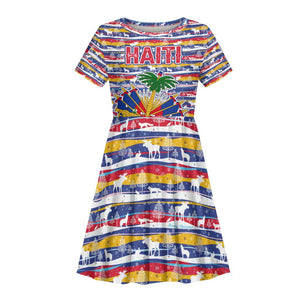 Haiti Christmas Kid Short Sleeve Dress Blue Red Yellow Xmas Santa Sleigh and Coat of Arms - African Pride