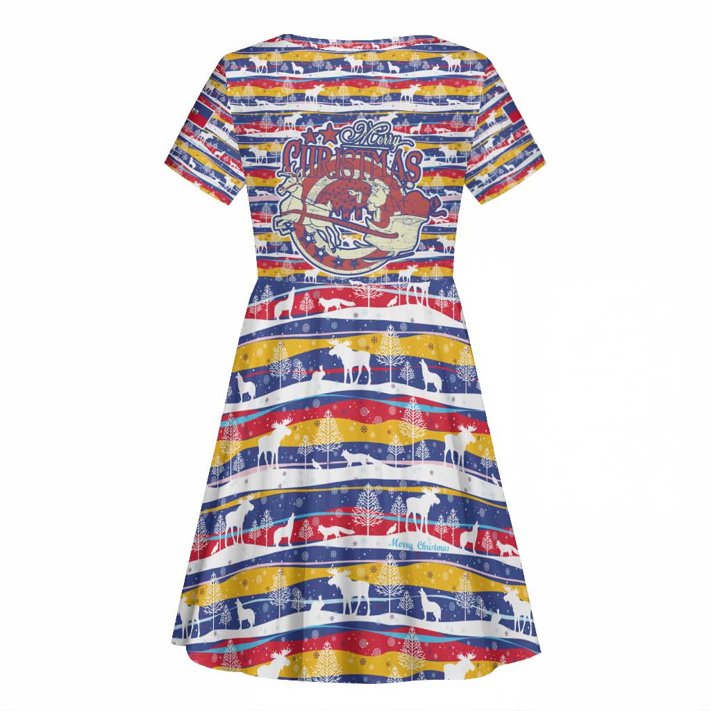 Haiti Christmas Kid Short Sleeve Dress Blue Red Yellow Xmas Santa Sleigh and Coat of Arms - African Pride