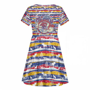 Haiti Christmas Kid Short Sleeve Dress Blue Red Yellow Xmas Santa Sleigh and Coat of Arms - African Pride