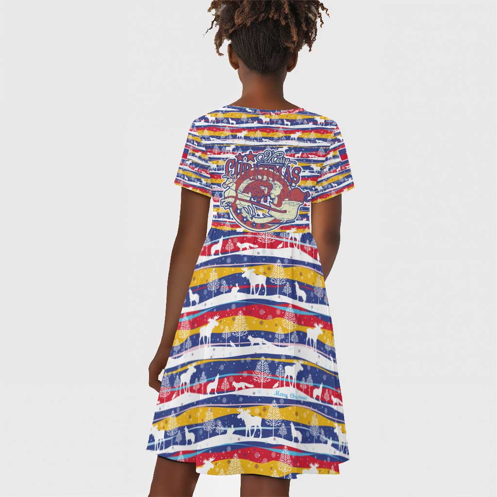 Haiti Christmas Kid Short Sleeve Dress Blue Red Yellow Xmas Santa Sleigh and Coat of Arms - African Pride