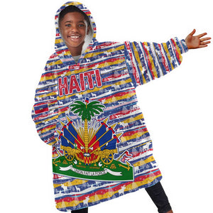 Haiti Christmas Kid Wearable Blanket Hoodie Blue Red Yellow Xmas Santa Sleigh and Coat of Arms - African Pride