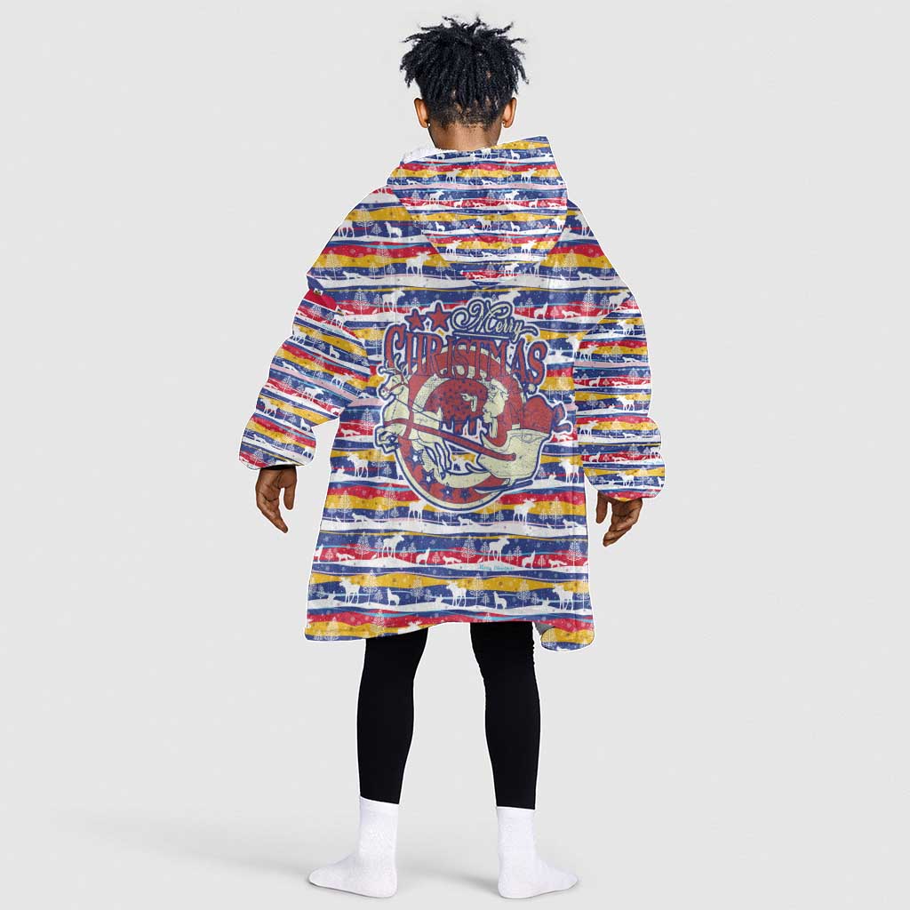 Haiti Christmas Kid Wearable Blanket Hoodie Blue Red Yellow Xmas Santa Sleigh and Coat of Arms - African Pride