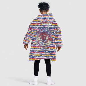 Haiti Christmas Kid Wearable Blanket Hoodie Blue Red Yellow Xmas Santa Sleigh and Coat of Arms - African Pride