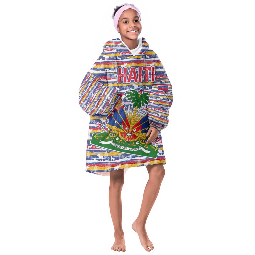Haiti Christmas Kid Wearable Blanket Hoodie Blue Red Yellow Xmas Santa Sleigh and Coat of Arms - African Pride