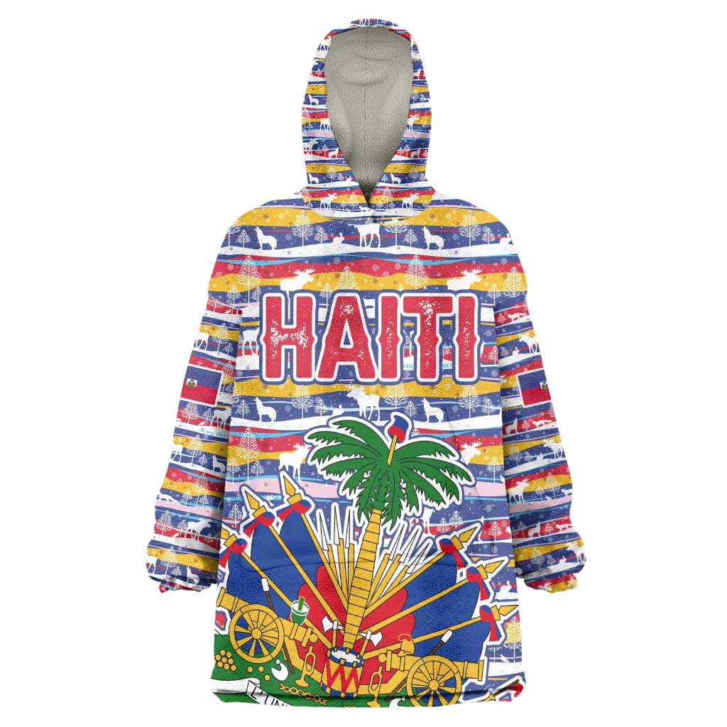 Haiti Christmas Kid Wearable Blanket Hoodie Blue Red Yellow Xmas Santa Sleigh and Coat of Arms - African Pride
