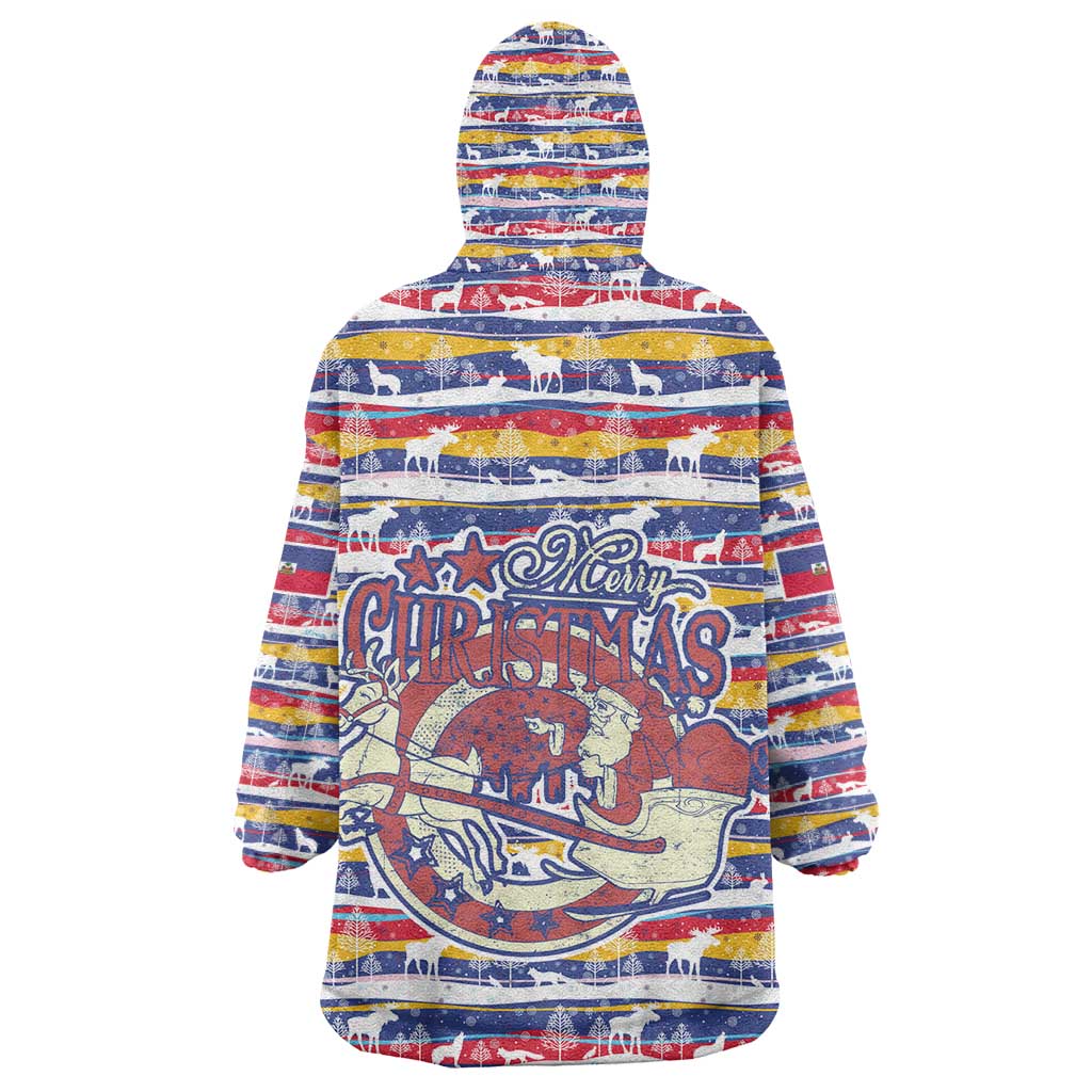 Haiti Christmas Kid Wearable Blanket Hoodie Blue Red Yellow Xmas Santa Sleigh and Coat of Arms - African Pride