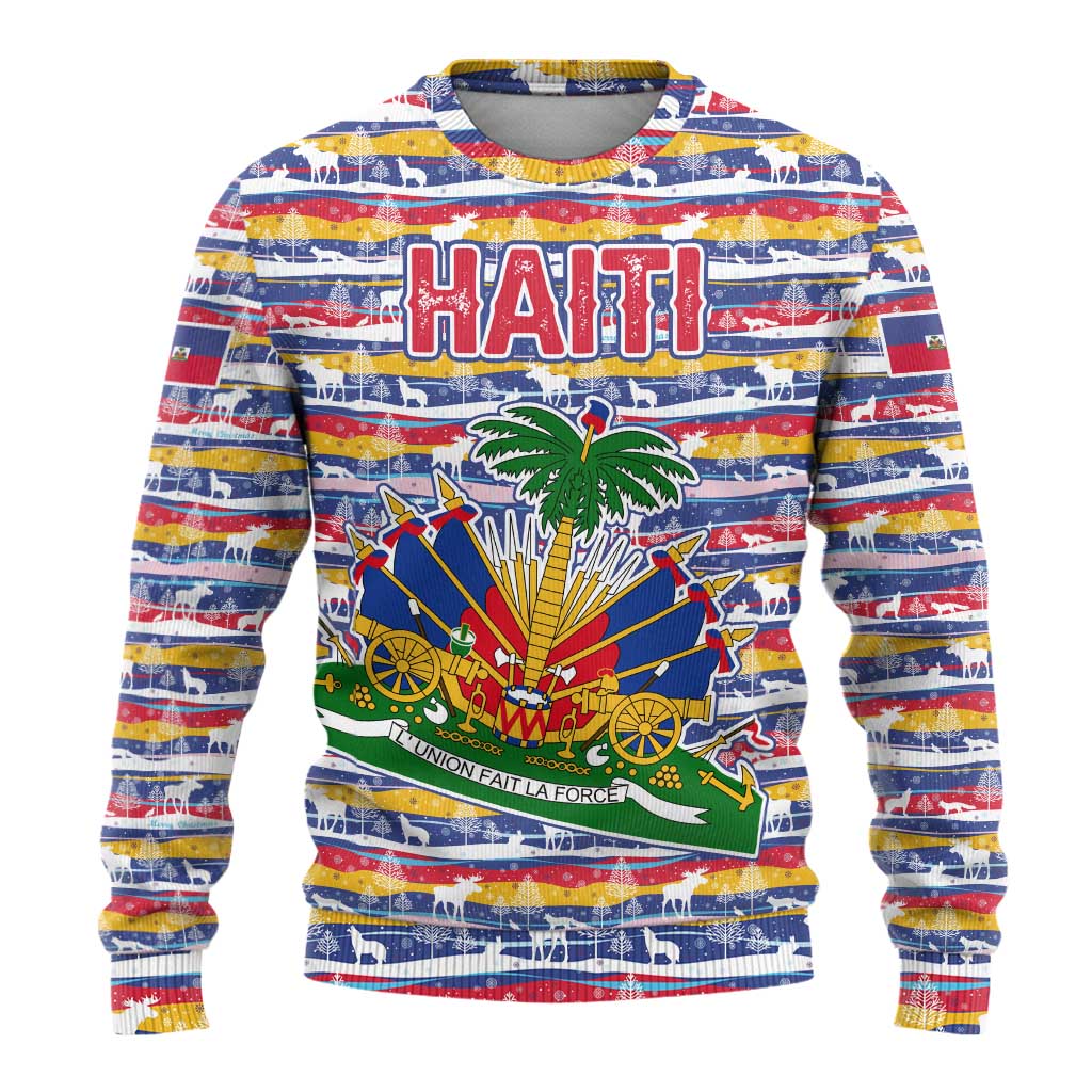 Haiti Christmas Ugly Christmas Sweater Blue Red Yellow Xmas Santa Sleigh and Coat of Arms - African Pride