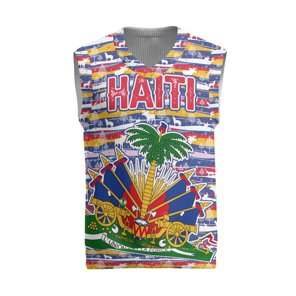 Haiti Christmas Knitted V-Neck Vest Blue Red Yellow Xmas Santa Sleigh and Coat of Arms - African Pride