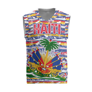 Haiti Christmas Knitted V-Neck Vest Blue Red Yellow Xmas Santa Sleigh and Coat of Arms - African Pride