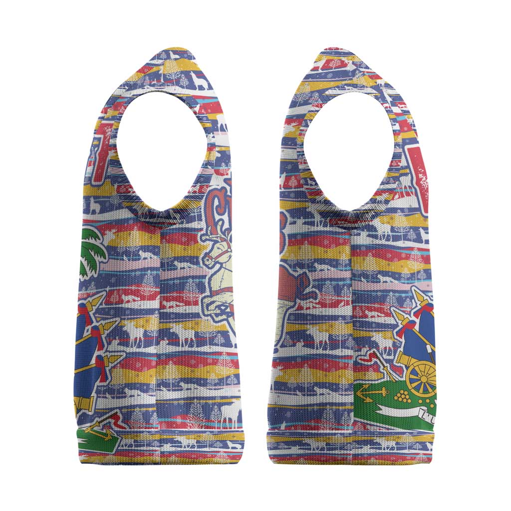 Haiti Christmas Knitted V-Neck Vest Blue Red Yellow Xmas Santa Sleigh and Coat of Arms - African Pride