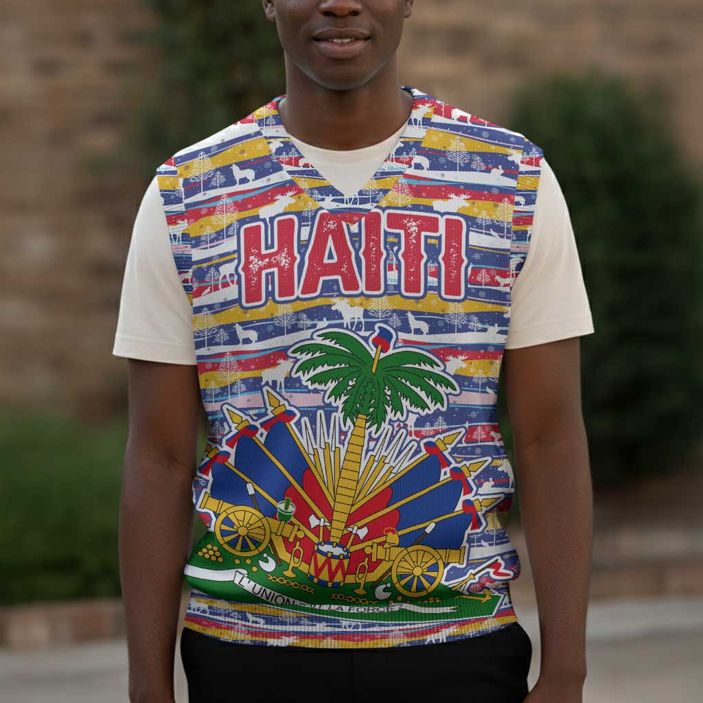 Haiti Christmas Knitted V-Neck Vest Blue Red Yellow Xmas Santa Sleigh and Coat of Arms - African Pride