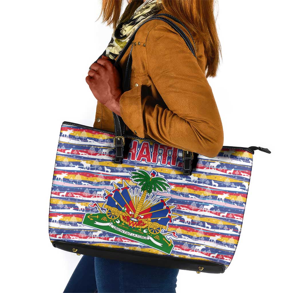 Haiti Christmas Leather Tote Bag Blue Red Yellow Xmas Santa Sleigh and Coat of Arms - African Pride