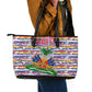 Haiti Christmas Leather Tote Bag Blue Red Yellow Xmas Santa Sleigh and Coat of Arms - African Pride