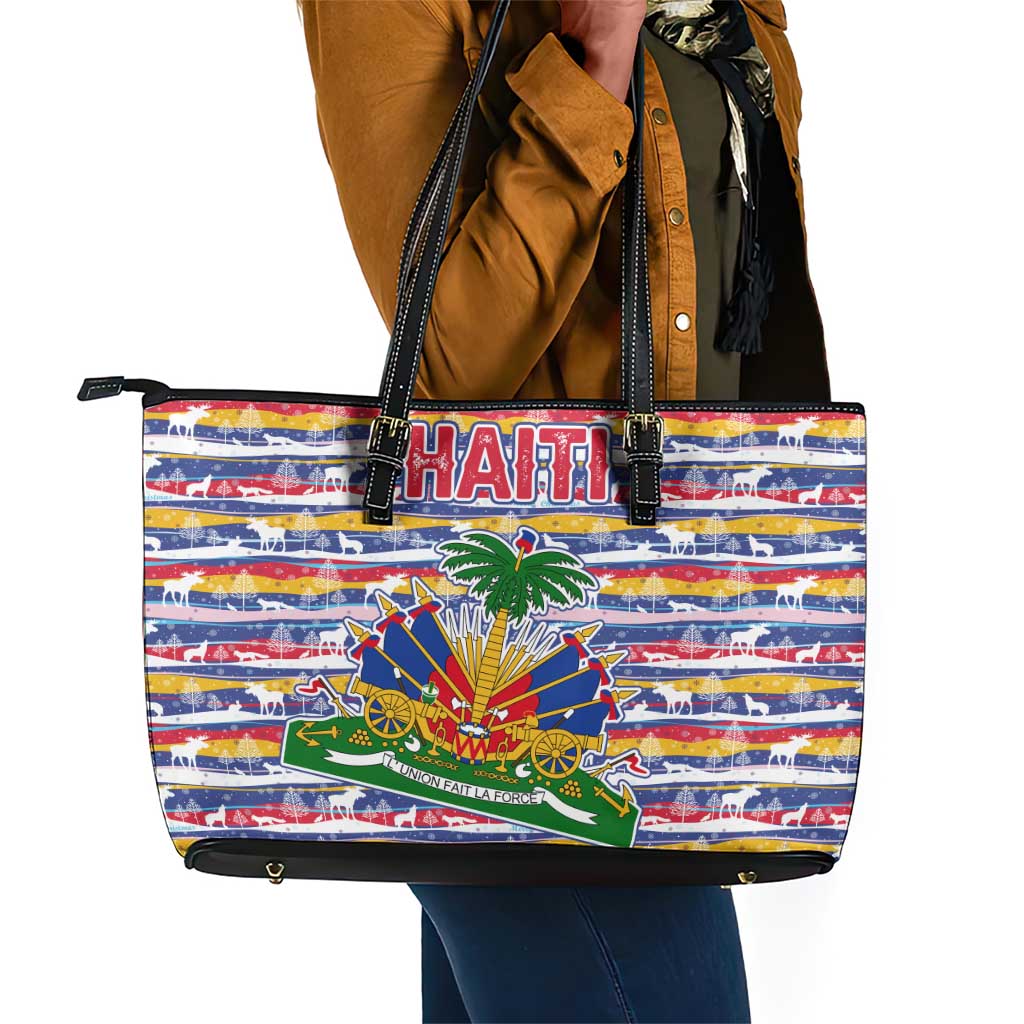 Haiti Christmas Leather Tote Bag Blue Red Yellow Xmas Santa Sleigh and Coat of Arms - African Pride