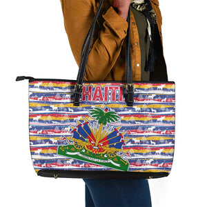 Haiti Christmas Leather Tote Bag Blue Red Yellow Xmas Santa Sleigh and Coat of Arms - African Pride