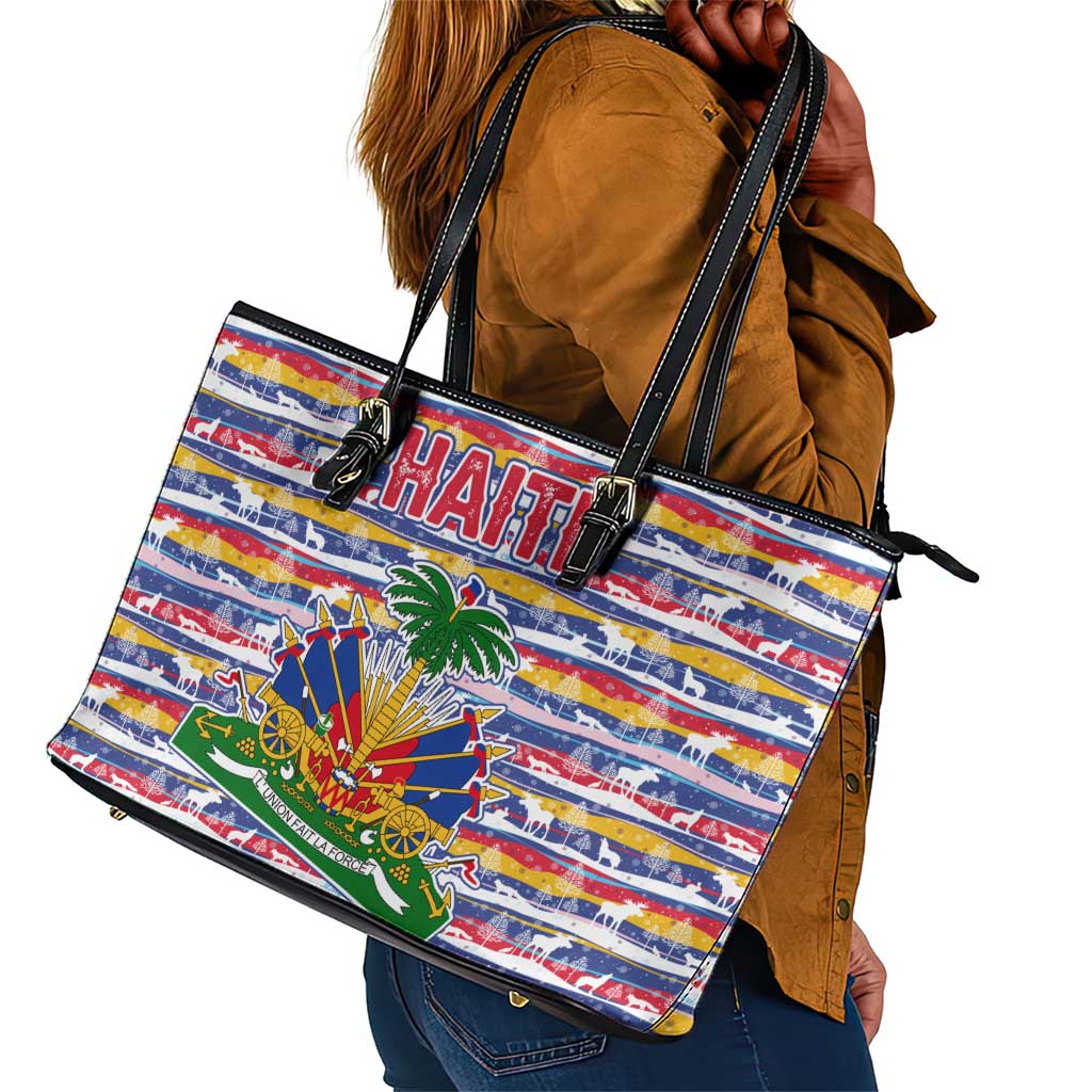 Haiti Christmas Leather Tote Bag Blue Red Yellow Xmas Santa Sleigh and Coat of Arms - African Pride