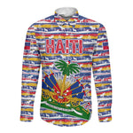 Haiti Christmas Long Sleeve Button Shirt Blue Red Yellow Xmas Santa Sleigh and Coat of Arms - African Pride