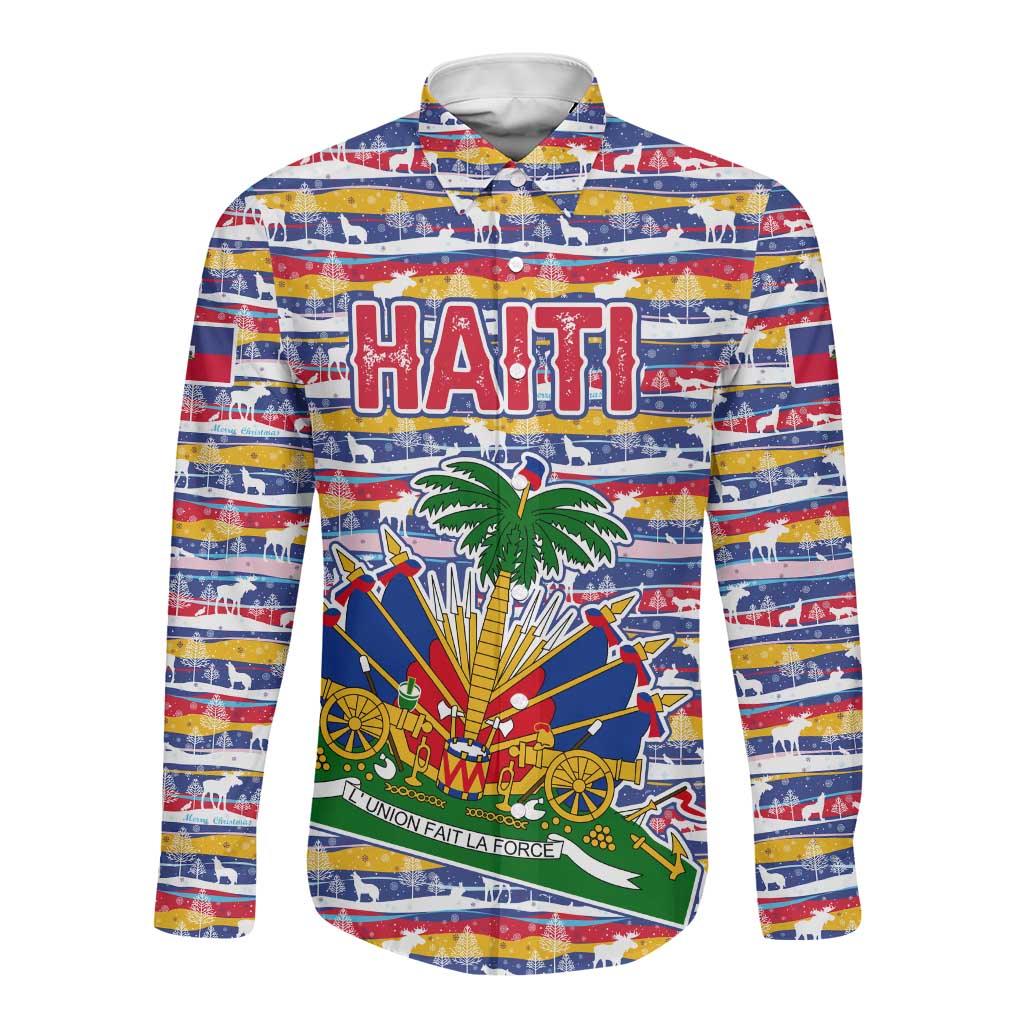 Haiti Christmas Long Sleeve Button Shirt Blue Red Yellow Xmas Santa Sleigh and Coat of Arms - African Pride