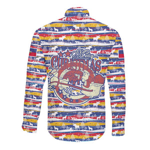 Haiti Christmas Long Sleeve Button Shirt Blue Red Yellow Xmas Santa Sleigh and Coat of Arms - African Pride