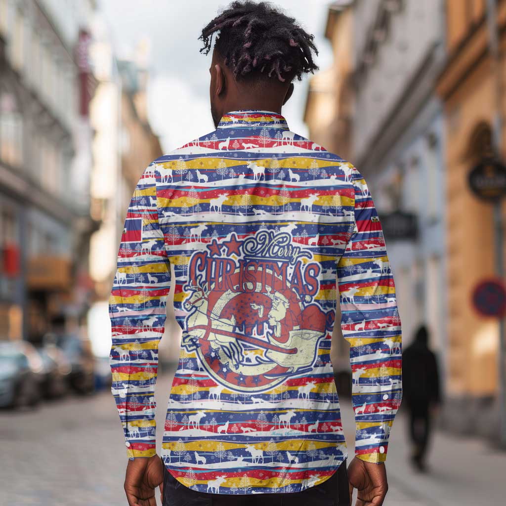 Haiti Christmas Long Sleeve Button Shirt Blue Red Yellow Xmas Santa Sleigh and Coat of Arms - African Pride
