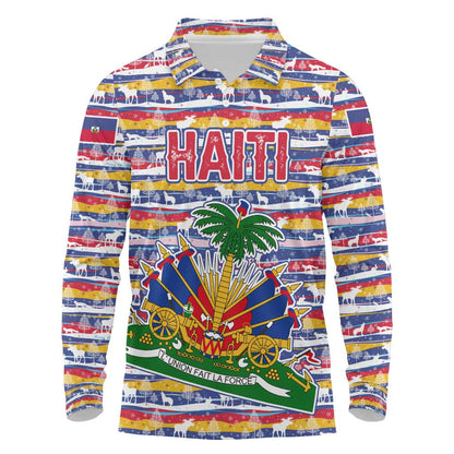 Haiti Christmas Long Sleeve Polo Shirt Blue Red Yellow Xmas Santa Sleigh and Coat of Arms - African Pride