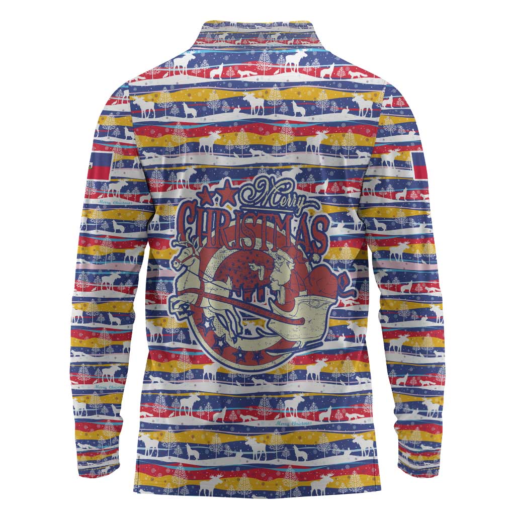 Haiti Christmas Long Sleeve Polo Shirt Blue Red Yellow Xmas Santa Sleigh and Coat of Arms - African Pride
