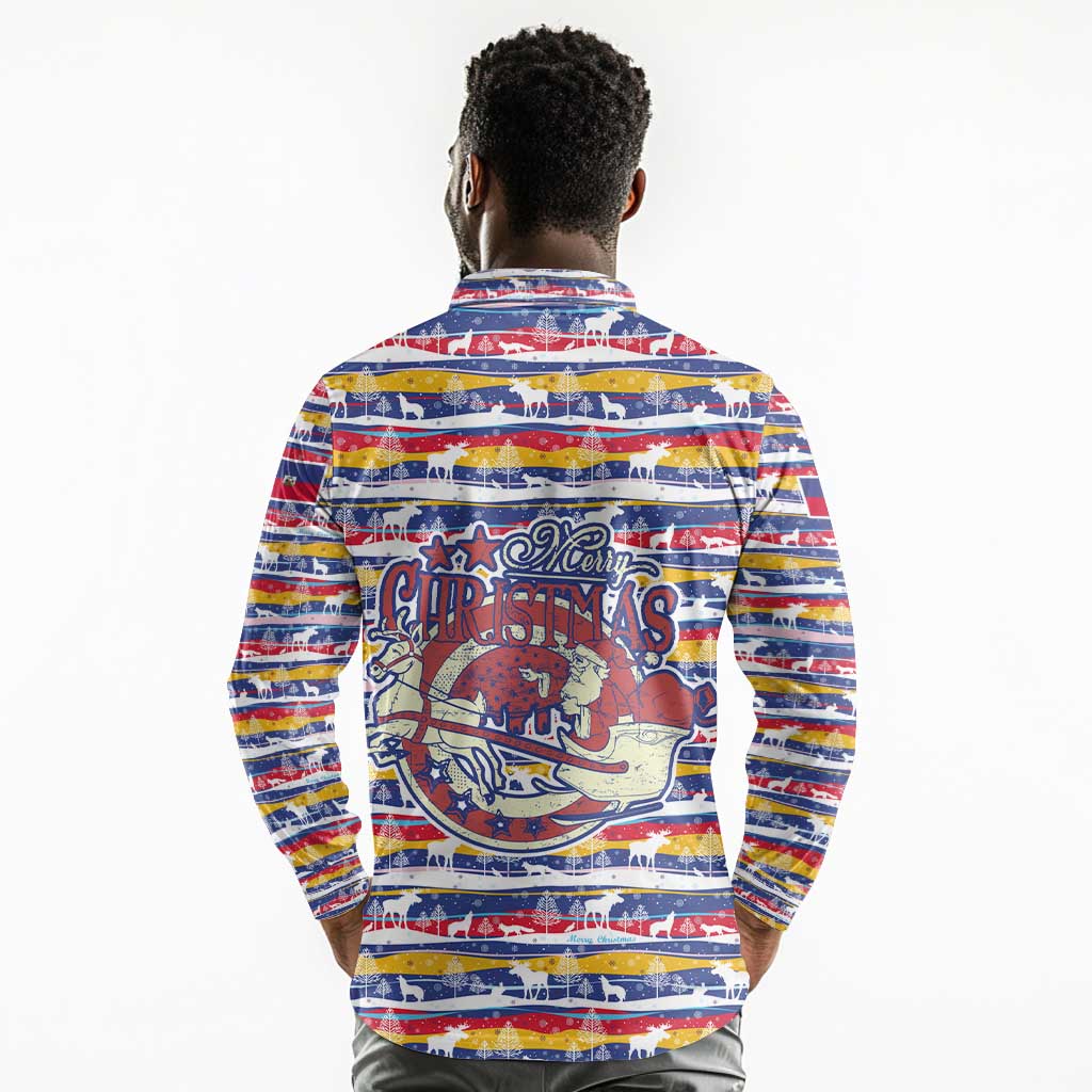 Haiti Christmas Long Sleeve Polo Shirt Blue Red Yellow Xmas Santa Sleigh and Coat of Arms - African Pride