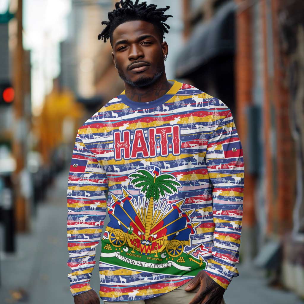 Haiti Christmas Long Sleeve Shirt Blue Red Yellow Xmas Santa Sleigh and Coat of Arms - African Pride