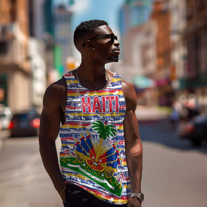 Haiti Christmas Men Tank Top Blue Red Yellow Xmas Santa Sleigh and Coat of Arms - African Pride