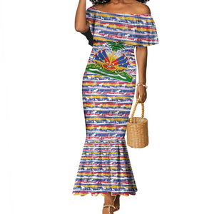 Haiti Christmas Mermaid Dress Blue Red Yellow Xmas Santa Sleigh and Coat of Arms - African Pride