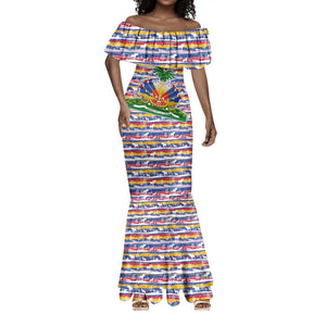 Haiti Christmas Mermaid Dress Blue Red Yellow Xmas Santa Sleigh and Coat of Arms - African Pride