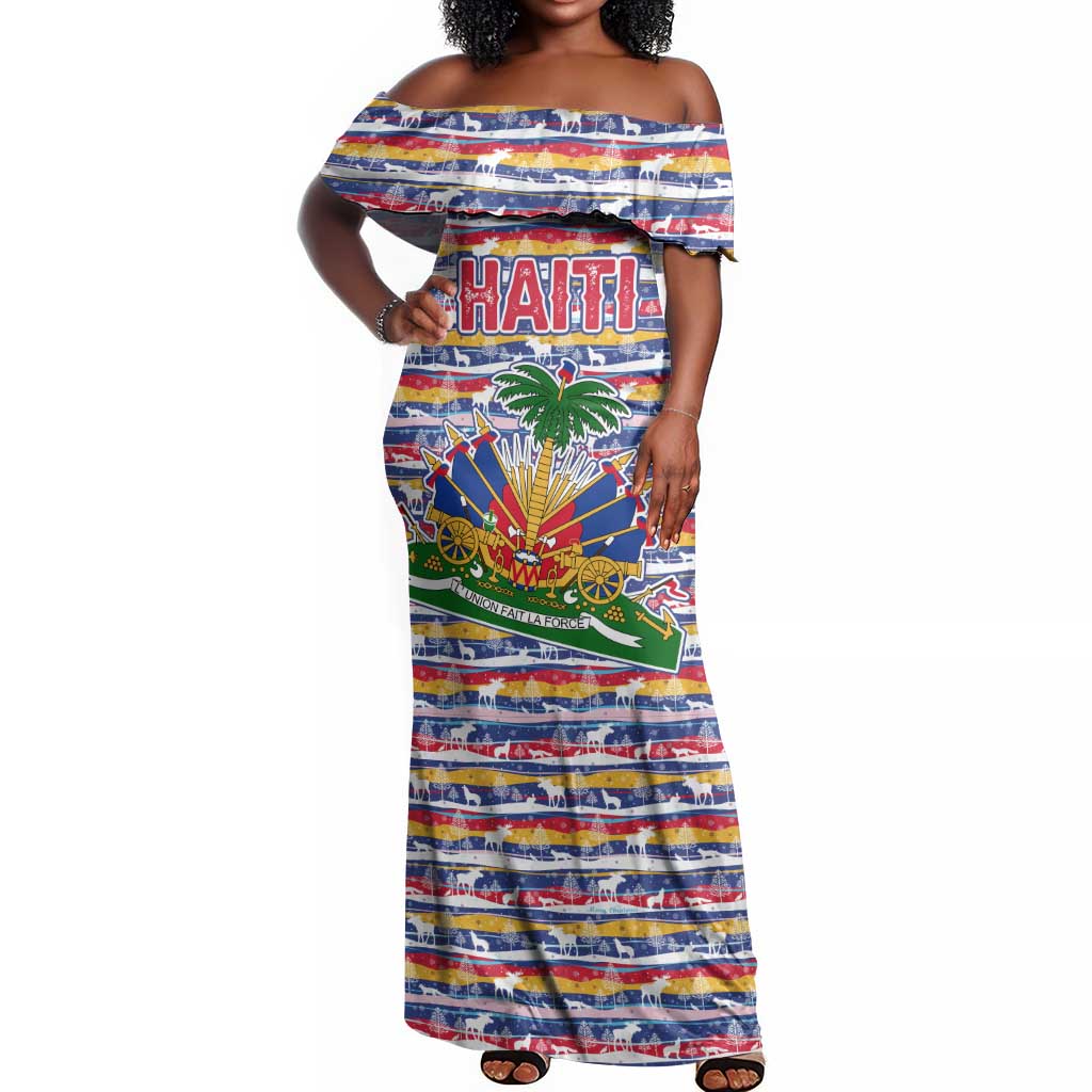 Haiti Christmas Off Shoulder Maxi Dress Blue Red Yellow Xmas Santa Sleigh and Coat of Arms - African Pride