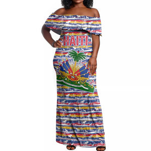 Haiti Christmas Off Shoulder Maxi Dress Blue Red Yellow Xmas Santa Sleigh and Coat of Arms - African Pride
