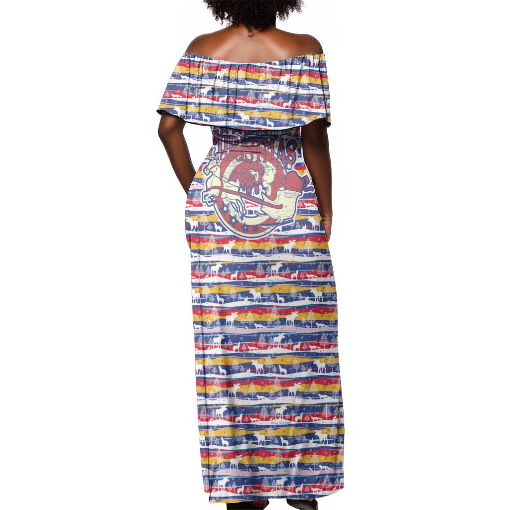 Haiti Christmas Off Shoulder Maxi Dress Blue Red Yellow Xmas Santa Sleigh and Coat of Arms - African Pride