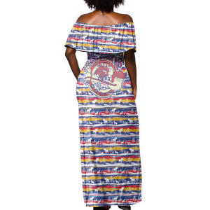 Haiti Christmas Off Shoulder Maxi Dress Blue Red Yellow Xmas Santa Sleigh and Coat of Arms - African Pride
