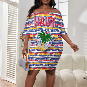 Haiti Christmas Off Shoulder Short Dress Blue Red Yellow Xmas Santa Sleigh and Coat of Arms - African Pride