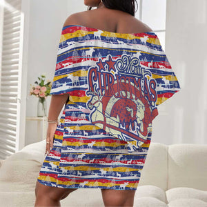 Haiti Christmas Off Shoulder Short Dress Blue Red Yellow Xmas Santa Sleigh and Coat of Arms - African Pride