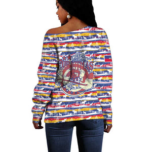 Haiti Christmas Off Shoulder Sweater Blue Red Yellow Xmas Santa Sleigh and Coat of Arms - African Pride