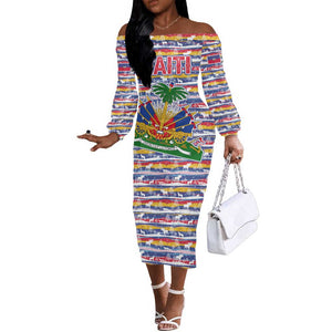Haiti Christmas Off The Shoulder Long Sleeve Dress Blue Red Yellow Xmas Santa Sleigh and Coat of Arms - African Pride